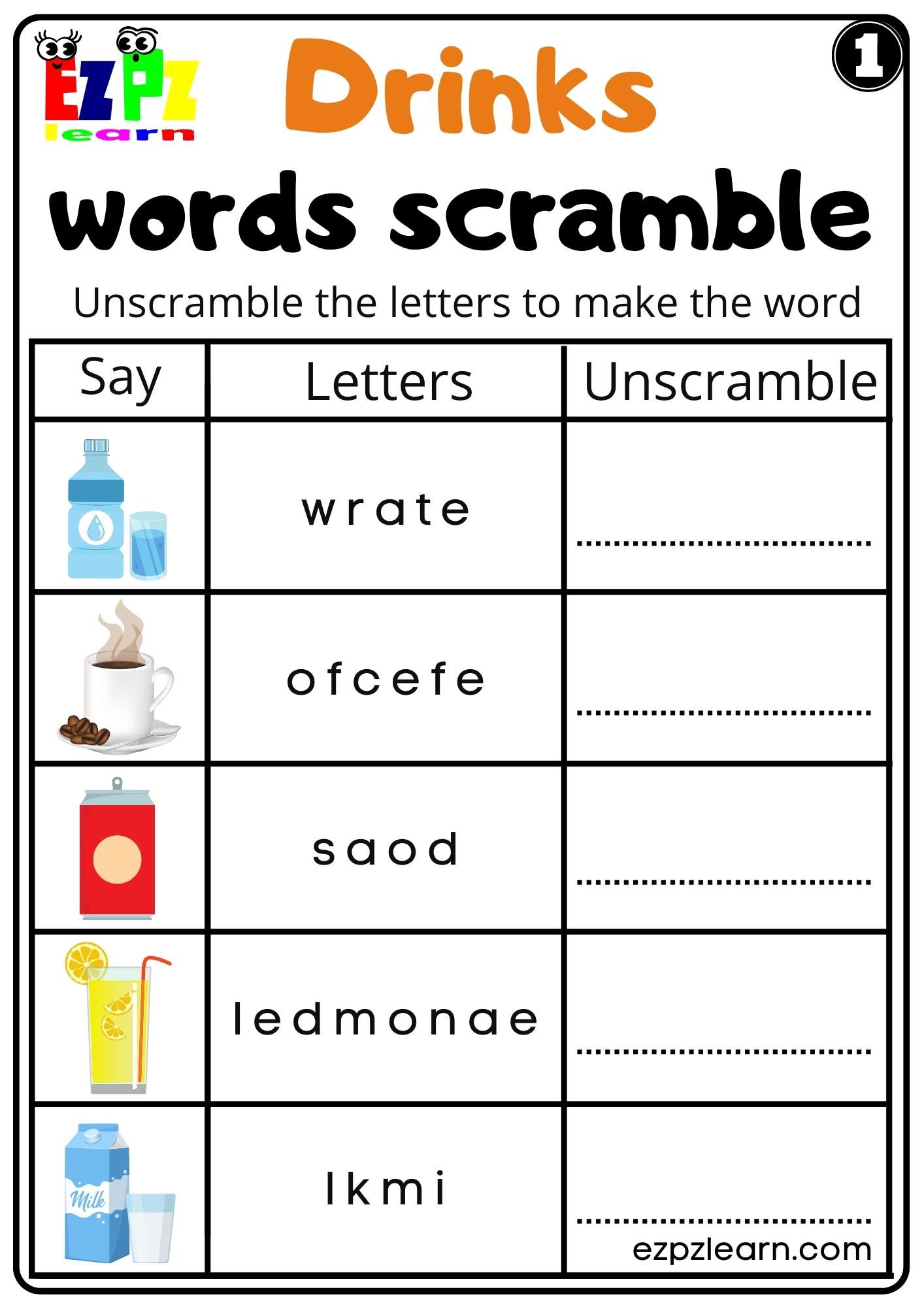 Drinks Word Scramble Worksheet for K5 Kids and ESL Set 1 Free PDF Download 